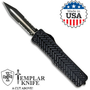 Herringbone Black 3 inch Dagger Black Oxide Powder D2 Serrated Edge Black Handle