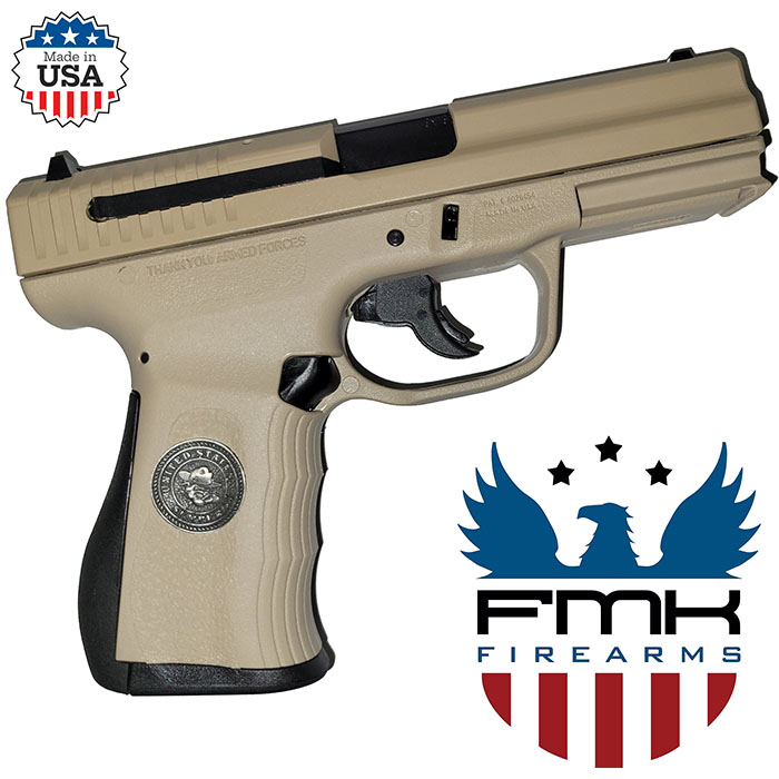 9C1G2-FAT 9MM 4 inch barrel 14 Round Desert Sand with Bulldog Medallion in Grip - FMK Firearms